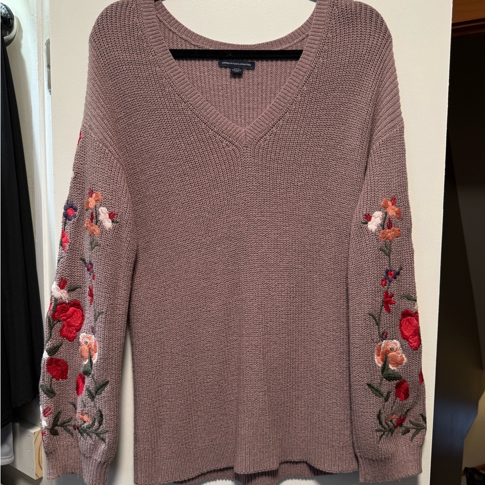 American Eagle Outfitters Mauve V-Neck Sweater with Floral Sleeve Embroidery